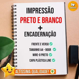Impressão de apostila A4 PRETO E BRANCO frente e verso com encadernação wire-o e papel offset 90g