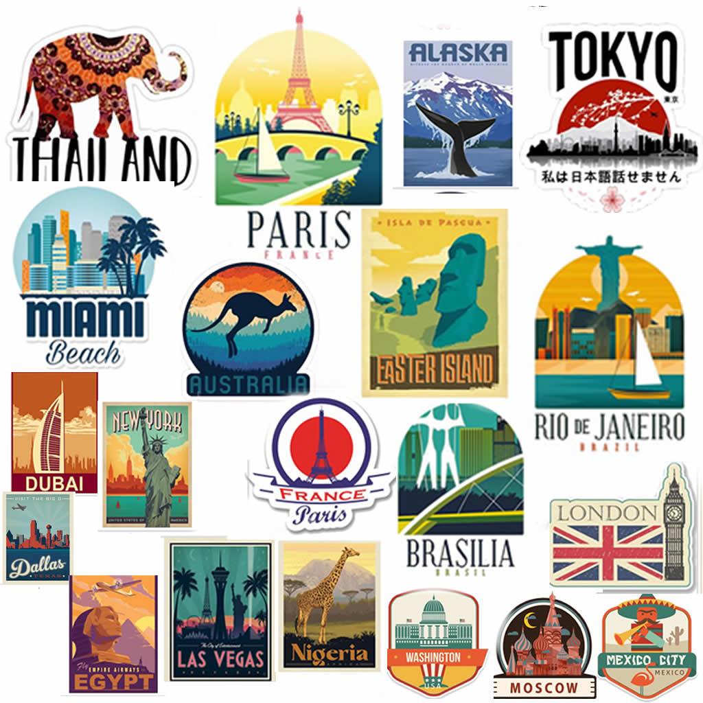 Kit Adesivo Viagem Turismo Lugares Bagagens - Qualidade premium - em Vinil Impermeável