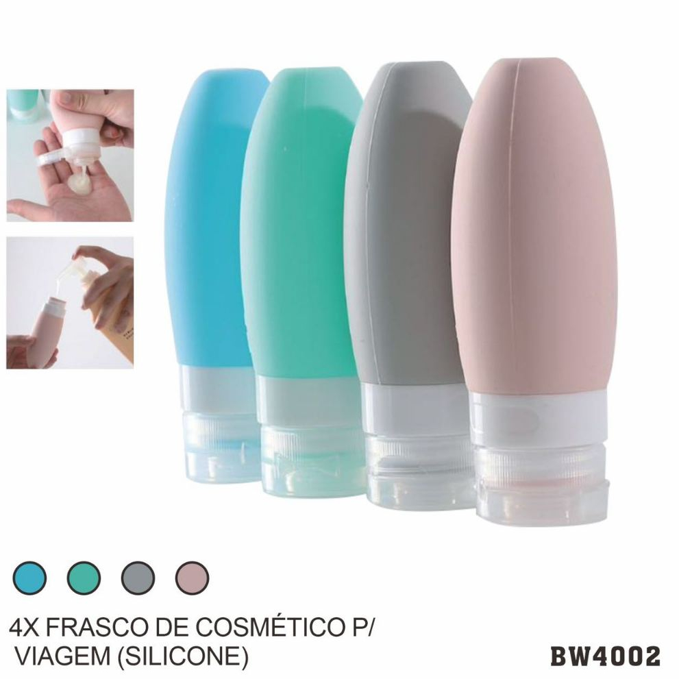 Kit 4 Frasco De Cosmetico 90ml Silicone Para Viagem Portatil Shampoo Creme Loçao Sabonete