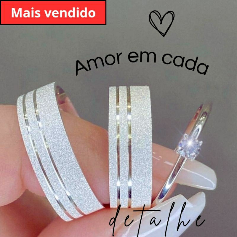 Par De Aliança Namoro Compromisso De Aço Inoxidável Prata Com Brilho Diamantado + Anel Solitário