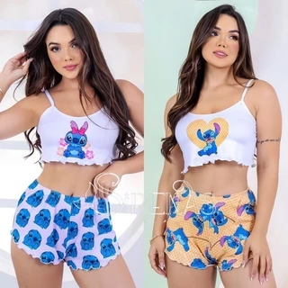 Pijama Baby Doll Personagens Cropped Modelo Virginia Luxo Feminino Ondinha Alcinha Varias Estampas