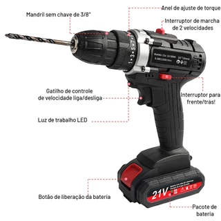 21V Furadeira Elétrica Parafusadeira com2Bateria Íon-lítio Sem Fio Bivolt