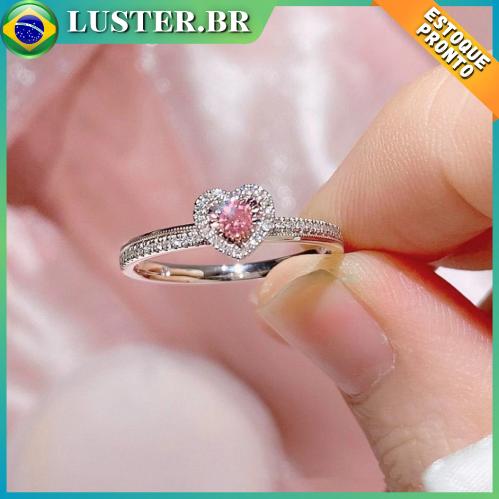 Elegante Anel Coração Cor De Rosa Diamante Moda Para Mulheres Acessório De Jóias De Abertura Ajustável Brilhante Anéis