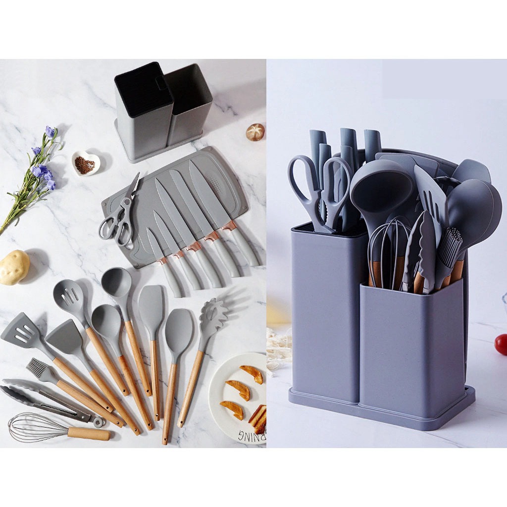 Kit Completo Jogo Utensílios de Cozinha Luxo 19 Peças Com Tábua em Silicone Espátula Faca Tesoura