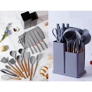 Kit Completo Jogo Utensílios de Cozinha Luxo 19 Peças Com Tábua em Silicone Espátula Faca Tesoura