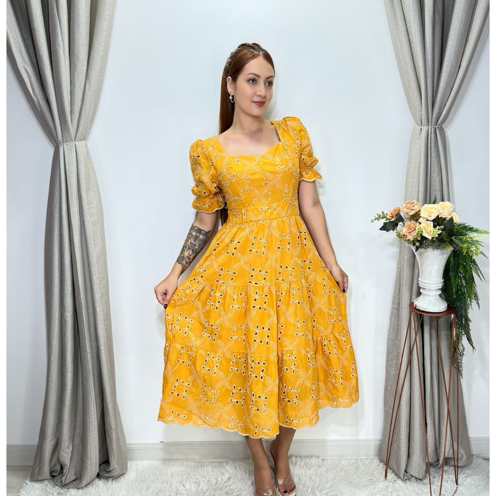 Vestido Midi Lese Bordado Elegante Algod O Manga Curto Shopee Brasil