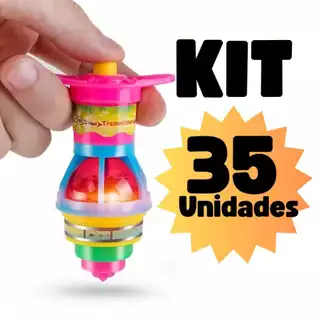 Kit Com 35 Pião Giroscópio Com Disparador Lançador E Luz Led Brinquedo Infantil Lembrancinha