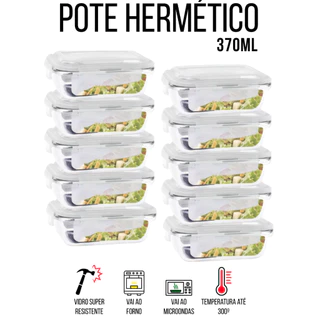 Kit 3/5/10 Potes Herméticos De Vidro Premium Para Marmita 370ML Com 4 Travas Resistente Conjunto