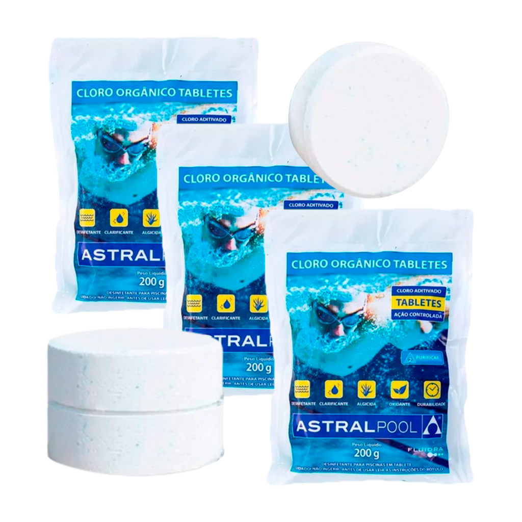 Kit 3 unidades Pastilha Tablete 200g de Cloro Piscina com Ação 5 em 1 ...