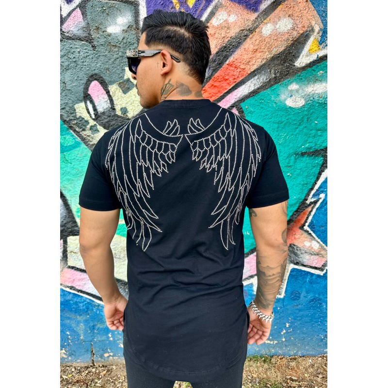 Camiseta Masculina Longline com Pedraria Estampa