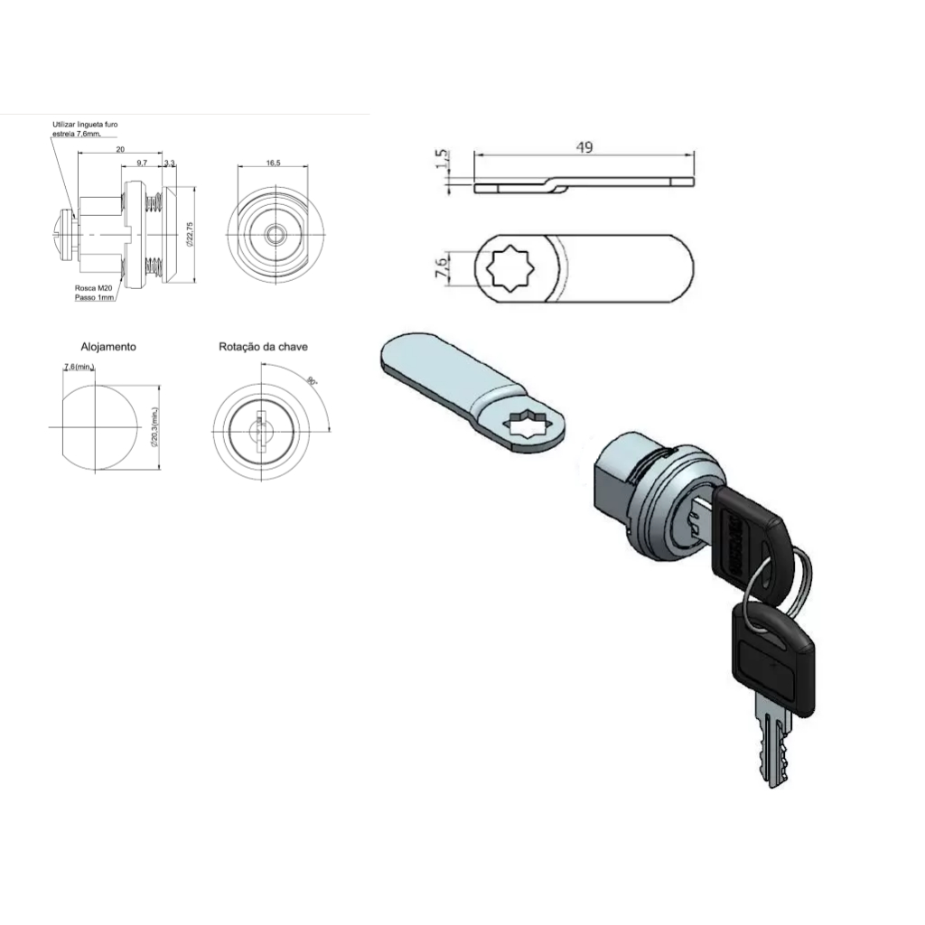 kit 2 Pçs Fechadura Fecho Lingueta C/ Chave P/ armário gaveta