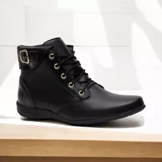 Bota Feminina Botinha Cano Curto Fivela Coturno Sintético Preto Lançamento 2024