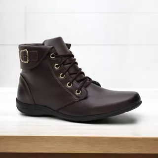 Bota Feminina Coturno Cano Curto Fivela Sintético Marrom Lançamento 2024