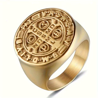 Anel São Bento Dourado Religioso Estiloso Masculino Aço Inoxidável Antialérgico