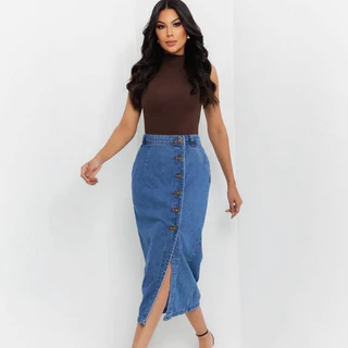 SAIA MIDI JEANS FEMININA FRETE COM BOTÃOS MODA