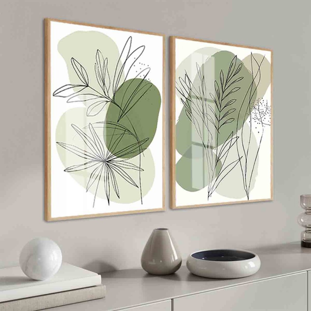 Quadro Decorativo - Abstrato Verde Oliva Folhas Moldura e Vidro Para Decoração Sala Quarto Hall