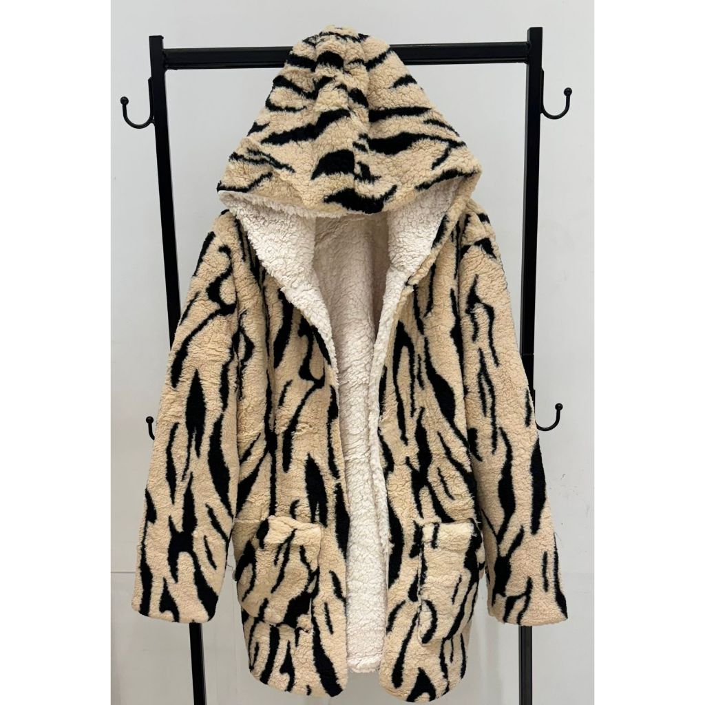 Casaco aberto pelúcia estampa zebra longo sobretudo dupla face