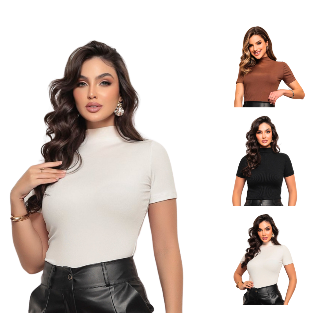 Kit Camiseta Gola Alta Blusinha Elegante Justa Ribana Algodão Básica