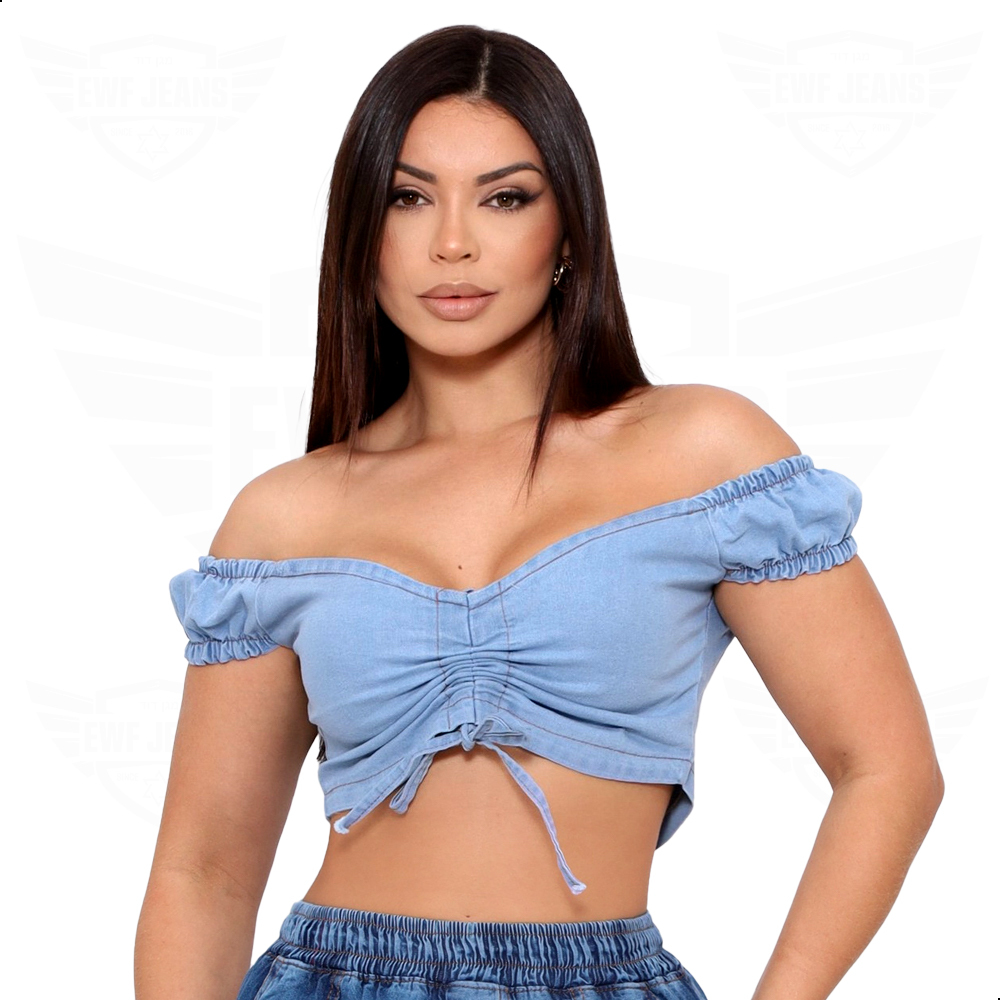 Blusa Top Cropped Jeans Ciganinha Tomara Que Caia Com Zíper EWF
