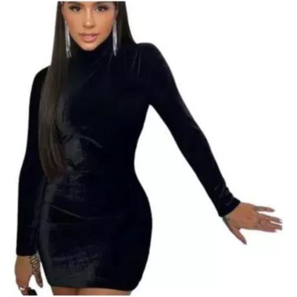 Vestido Tubinho Vestido De Veludo Manga Comprida Vestido Curto