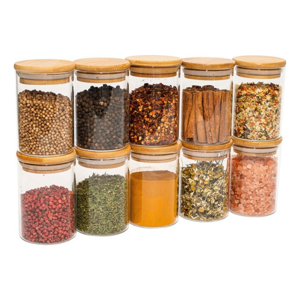 Kit 10 Potes Temperos Mantimentos Vidro Tampa De Bambu 250ml