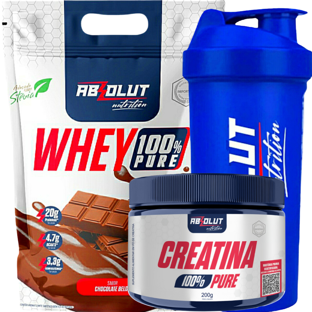 Kit Whey Protein Concentrado 900g + Creatina Monohidrata 200g + Coqueteleira - Absolut Nutrition