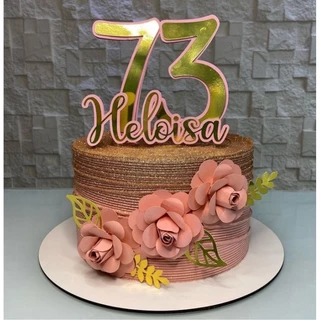 Topo - Topper de bolo personalizado 3D com nome + idade e flores