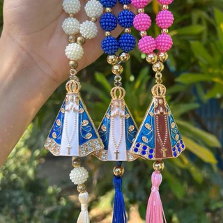Terço Dezena Porta Retrovisor Carro Nossa Senhora Aparecida Azul Rosa Branco Resplendor