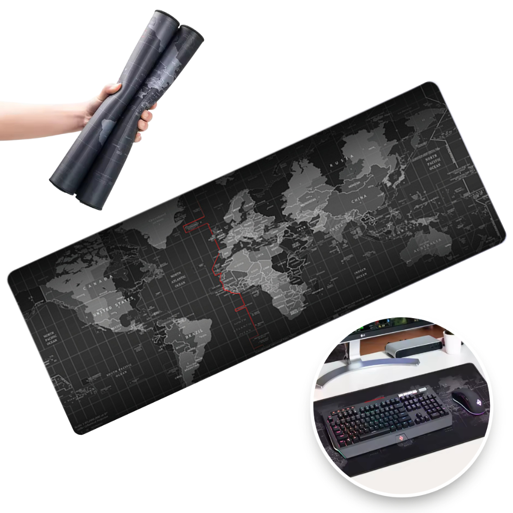 Mouse Pad Gamer Preto Extra Grande Mapa Mundi - Tecido Premium e Base ...