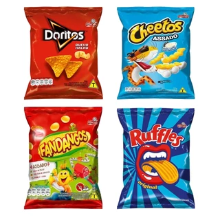 Kit com 60 salgadinhos Sortidos Doritos Ruffles Chettos Fandangos Elma Chips