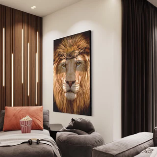 Quadro Decorativo Para Sala Leão Grande com Coroa de Espinhos e Cruz em TelaAcetinada