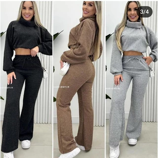 CONJUNTO FEMININO DE CALÇA PANTALONA + CROPPED CON ELASTOCO NA CINTURA /GOLA ALTA/ MANGA MORCEGO / EN TESIDO LANZINHA