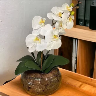 Kit Haste De Orquidea Branca Artificial Silicone + Folha De Orquídea Verde Artificial Arranjo Completo