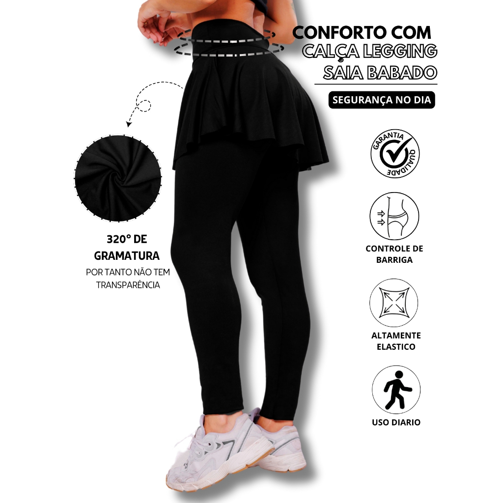 Calça Legging Saia Babado Suplex Cós Alto Segurança e Conforto Na