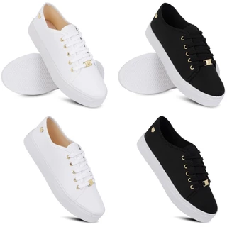 Kit 2 Tênis Feminino Ping Coração Branco Preto Confort Casual Confortável Slip On