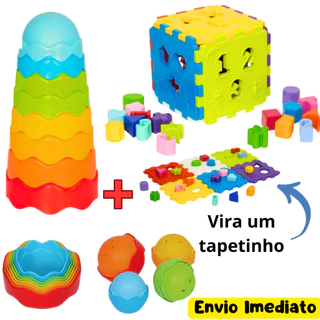 Kit 2 Brinquedo Infantil Didático Torre Mágica+ Cubo Médio Encaixar e Empilhar Menino e Menina 1 Ano