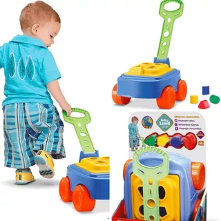 Carrinho Educativo Didático De Puxar Brinquedo Infantil Com Blocos De Encaixar Azul