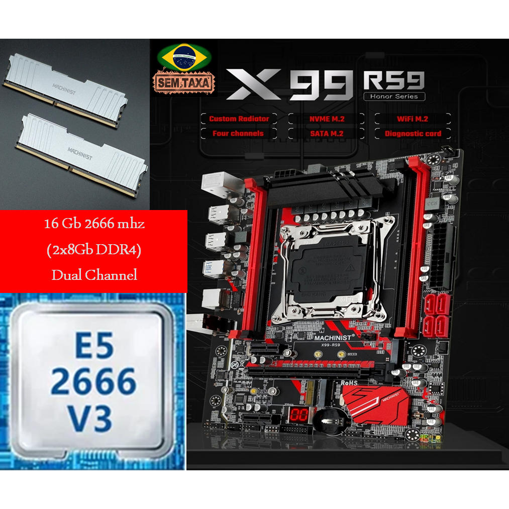 Kit XEON E5 2666 V3 Intel, Placa-mãe MACHINIST X99 RS9 com 16 Gb 2666 mhz (2x8Gb DDR4 Sylver) Dual Channel