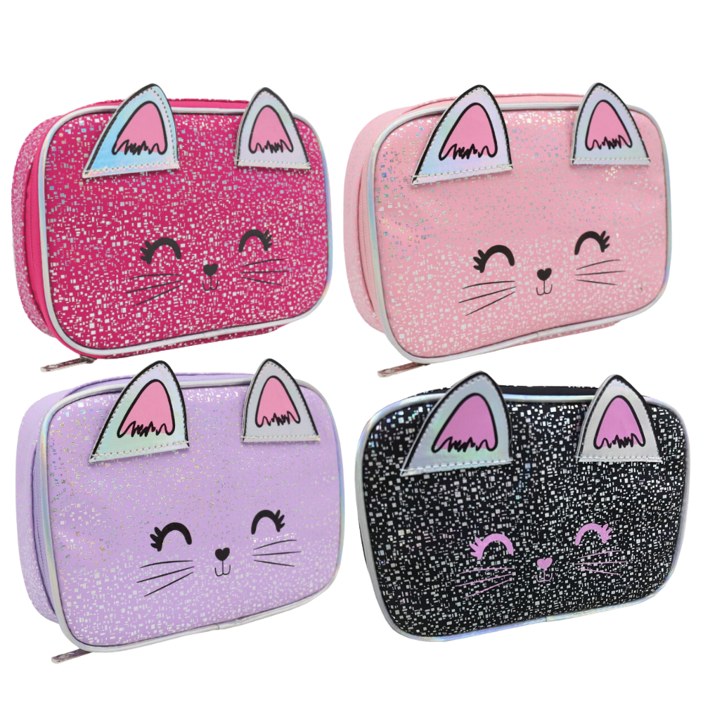 Estojo Box 100 Pens Porta Lápis Organizador Feminina Gatinho Brilhante Grande Reforçado