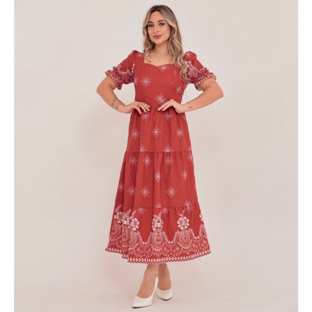 Vestido midi elegante crepinho estampado manga curto 108191