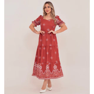 Vestido midi elegante crepinho estampado manga curto 108191
