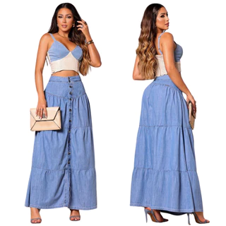 Saia jeans feminina,Sem Elastano, três marias, liocel, Tencel, Algodão, cintura alta, evangélica, mídi,com abertura frontal, botões, fenda, cristã,casuaL, Premium, oferta,Modeladora, Luxo, Vintage,