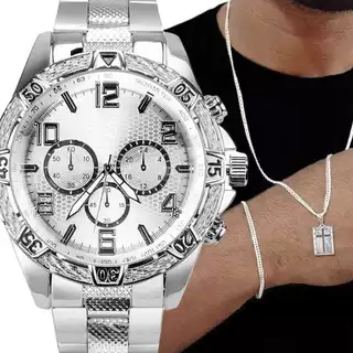 Relógio Corrente Cordão Masculina Banhado Prata 925 Aço inox Fina 3mm GRUMET Pulseira e Pingent Cruz