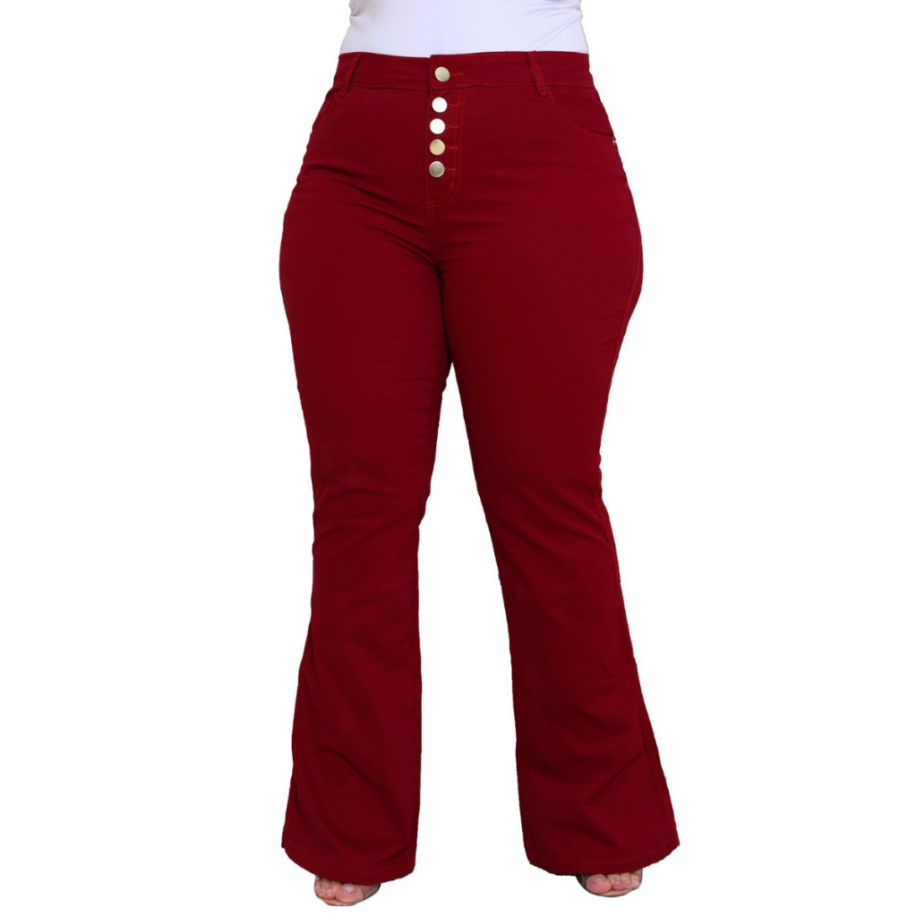 Calça Flare Colorida Plus Size c/ Elastano Cintura Alta Moda Atual