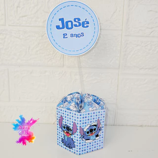 Kit 10 Centro de Mesa / STITCH AZUL Sextavado Com Aplique PERSONALIZADO (FAZEMOS QUALQUER TEMA)