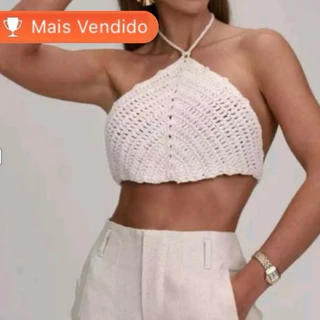 Cropped Top de Crochê Feminino Verão Topinho Triangulo Com Amarração Qualidade