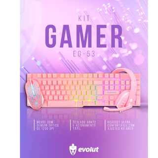Kit Gamer Rosa Teclado Mouse e Headset Evolut EG53