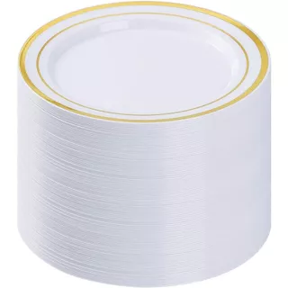 100/200 peças Pratos de sobremesa de plástico descartáveis dourados, pratos de festa resistentes