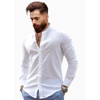 Camisa Gola Padre Slim Fit Manga Longa Verano Flamê Sem Bolso