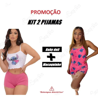 KIT 2 PIJAMAS Modelo Virginia Baby doll + Macaquinho Personagens Varias Estampas Luxo Croped Ondinha